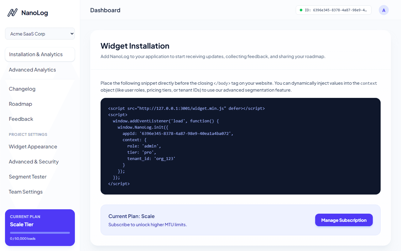 NanoLog Drop-in Widget Installation Snippet and Script Tag
