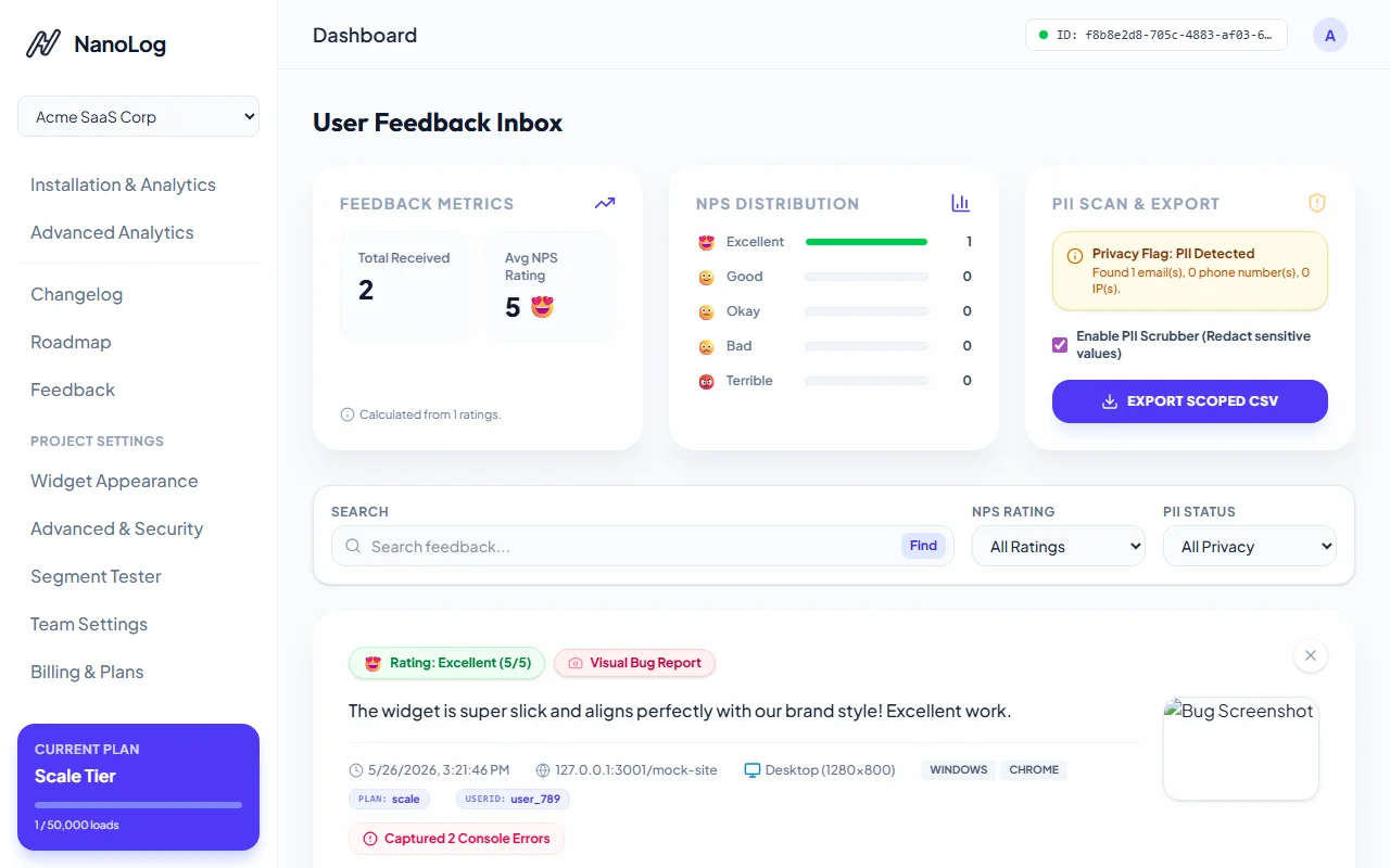 Dashboard Feedback Inbox