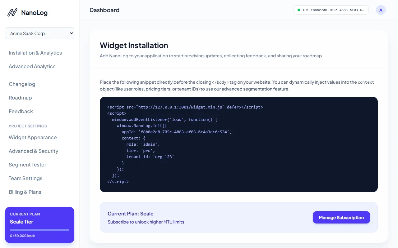 Installation Snippet Tab